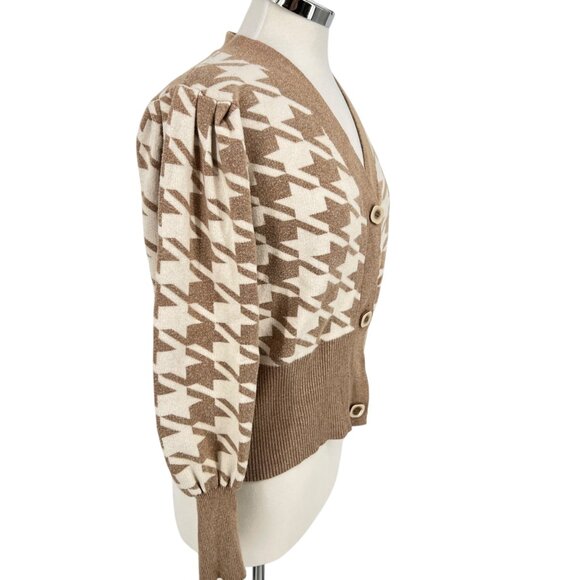 Joie Houndstooth Cardigan Sweater Balloon Sleeves Beige Ivory Size Medium - Picture 3 of 7